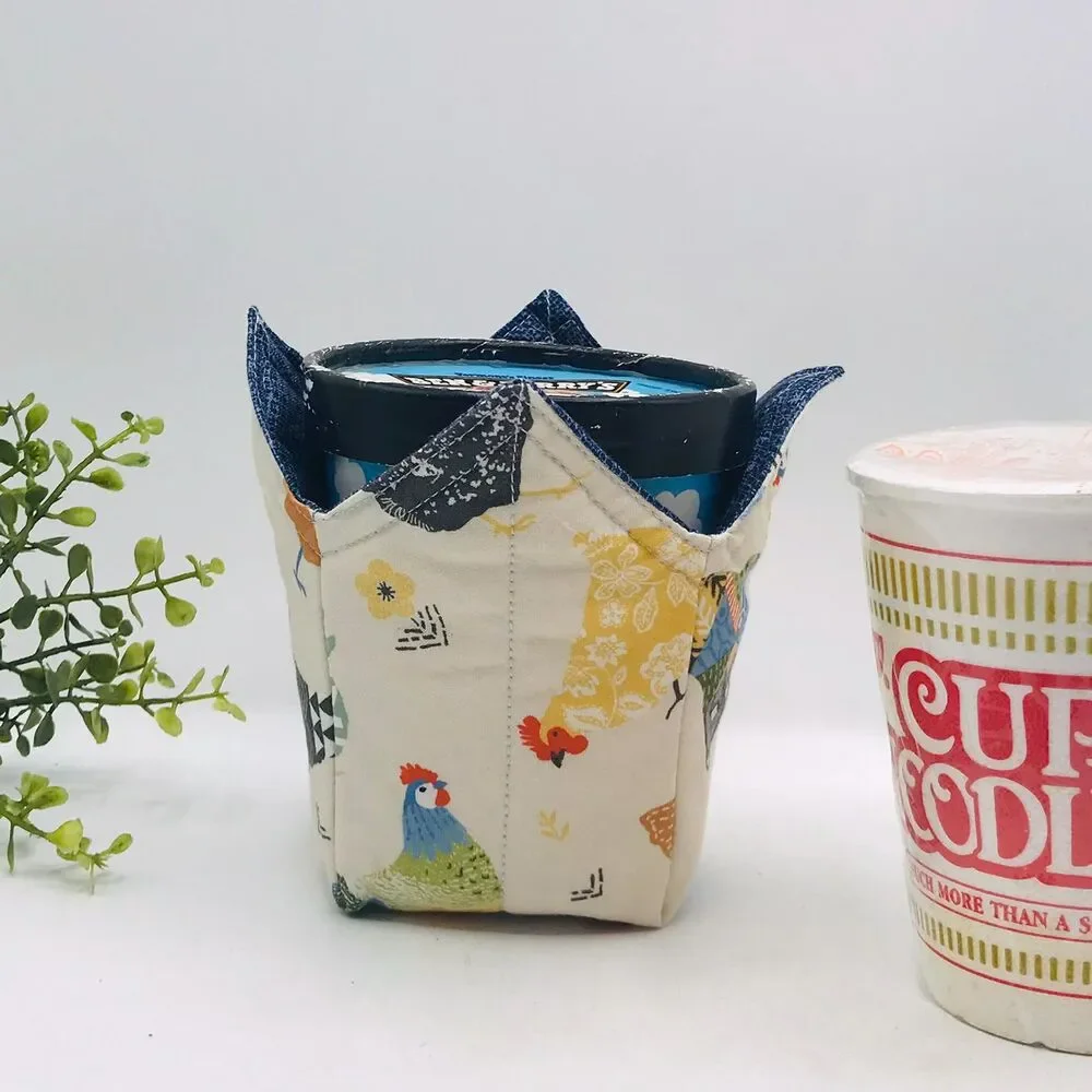 Microwave Pint Size Cozy, Reversible, Cottage Core Patchwork Chickens Cream Blue